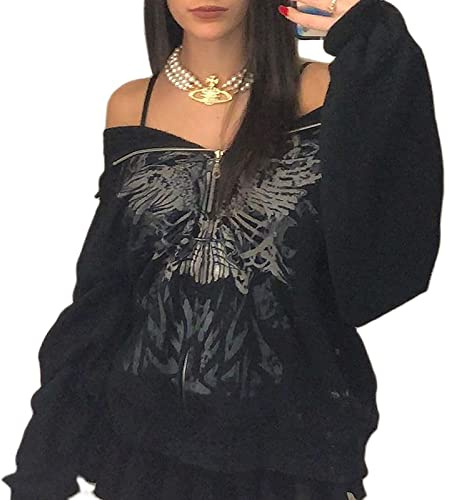 FeMereina Women's Y2k Zip Up Hoodies Long Sleeve Graphic Star Print Hooded Jacket Oversized Goth Harajuku Sweatshirt Punk Grunge Streetwear (Black#3, S)