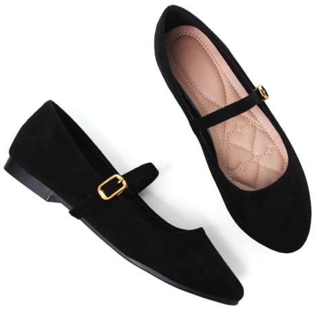 Stunner Women's Mary Jane Flats Fashion Round Toe Ballet Flats Comfortable Ankle Strap Flats Slip On Dress Flats Black 40(8.5)