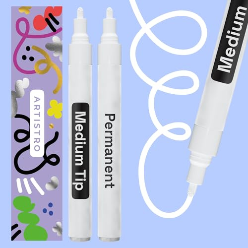 ARTISTRO 2 White Permanent Marker - Waterproof Markers for Tire, Fabric, Rocks, Glass, Ceramic, Wood, Paper - Oil Based Paint Pens - Medium Tip 3mm