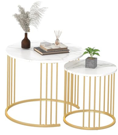 YORKING Nesting Coffee Table Set of 2, Round Table, Modern End Side Table Night Stand for Bedroom Dining Room (Marble White)