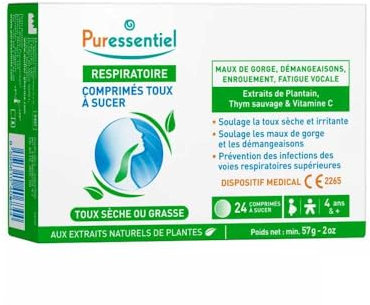 Puressentiel - Respiratoire - Comprimés Toux à Sucer - Soulage les Maux de Gorge et Prévient des Infections des Voies Respiratoires - aux Huiles Essentielles Bio - 24 Comprimés