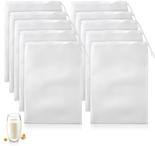 Nussmilchbeutel, 10 Stück Passiertuch Wiederverwendbar Nylon Filterbeutel Mit Kordelzug Bio Waschbar Nut Milk Bag für Kaffee Käse Fruchtsaft Gemüsesaft (20 x 30cm)