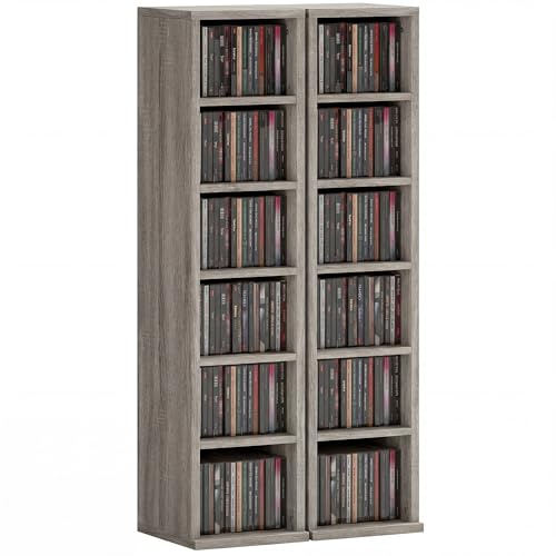 HOMCOM Juego de 2 estantes Columna Armario CD-DVD 6 + 6 Compartimentos 21 x 22,5 x 88,5 cm Capacidad máx. 204 CD Gris Oscuro