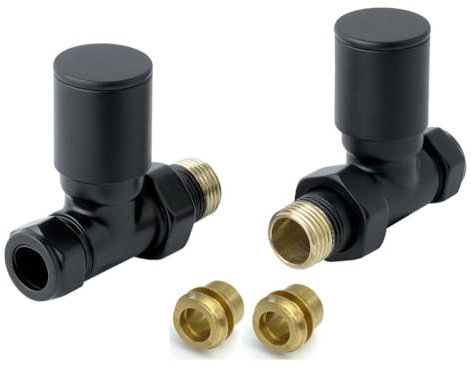Matt Black Pair of Modern Straight Heated Towel Rail Radiator Valves 8mm Central Heating Taps