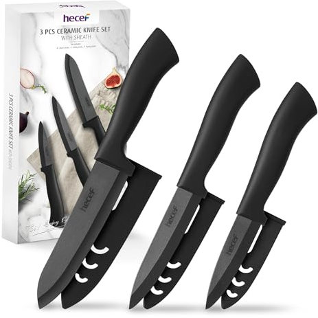 hecef Set di Coltelli in Ceramica Nero, 3 pezzi Professionali Coltelli da Cucina con Guaine - 6'' Coltello da Cucina, 4'' Coltello da Frutta, 3'' Coltello di Sbucciatura
