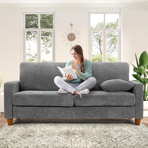 Kidirect Cord Sofa 3 Sitzer, 178CM Bequemes Couch 53CM Extra Tiefe Sitze, Sofa Wohnzimmer Werkzeugfreie Montage, Big Sofa Couch mit 2 Kissen, Modernes Couch fürs Büro, Schlafzimmer Sofas Grau