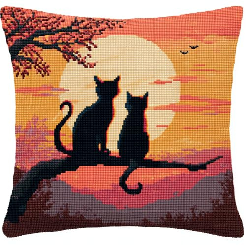 Henypt Cuscino Da Ricamare Punto Croce Kit Punto Croce Da Ricamare Due Gatti In Piedi Su Un Ramo 45X45Cm Cuscino Ricamato A Mano Con Set Fai Te Per Adulti Principianti Per Arredamento Casa