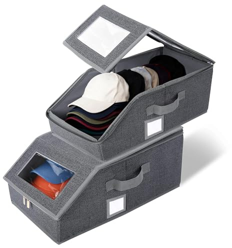 ZHABAYEN 2PCS Stackable Hat Storage for Baseball Caps, Clear Hat Organizer with Cardboard, Holds up to 30 Caps, Breathable Fabric, Space-Saving Box for Closet