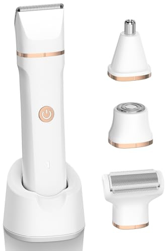 4-in-1 Electric Bikini Trimmer for Women - Painless Electric Razors for Facial/Body/Armpit/Pubic Hair, IPX7 Waterproof Replaceable Shaver Head & Nose Hair Trimmer for Travel, Gifts for Girlfriend Wife