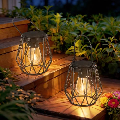 Kimjo Farolillos Solares Exterior Colgantes/Verticales, Impermeable IP65 Solar Lantern Outdoor, Lamparas Solares Exterior Jardin de Rejilla de Diamante, Linterna Solar para Patio Balcón 2 Piezas