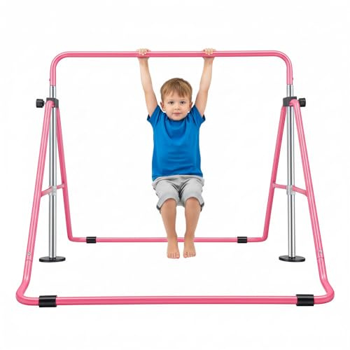 KigerNee Barre de gymnastique réglable en hauteur pour enfants de 3 à 8 ans, pliable et portable, pour l'intérieur et l'extérieur, charge jusqu'à 100 kg, cadre en acier (rose)