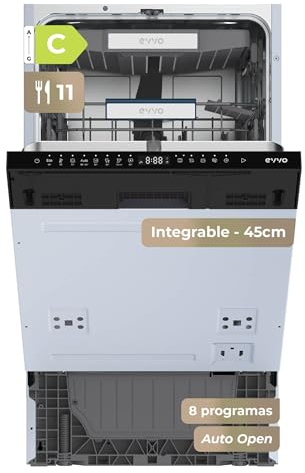 Lavavajillas Integrable 45 cm EVVO Di.4 Slim - Lavavajillas Pequeño, Clase C, 11 Cubiertos, 8 Programas, Apertura Automática de Puerta, Lavavajillas Panelable con Media Carga e Inicio Diferido