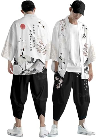 Ensemble kimono pour homme - Survêtement japonais à manches 3/4 - Cardigan ample - Veste et pantalon sarouel traditionnel - Samouraï - Kimono Yukata - Costume de cosplay - Tenue d'été deux pièces
