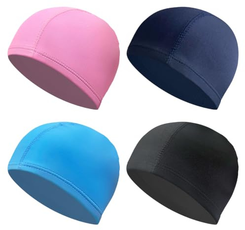 Lot de 4 Bonnets de Bain en Tissu Élastique, Bonnet Piscine Confortable et Doux pour Femme, Homme et Enfant, Idéal pour Cheveux Longs et Courts, 4 Couleurs (Noir, Bleu Marine, Rose, Bleu Lac)