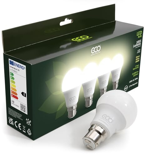 ECO 2 PIN B22 Bayonet Light Bulb, 9.5W LED Energy Saving Light Bulb, Bright 75W Bulb Equivalent, Warm White 3000K, 15000Hrs Lifetime. 4 x Pack (Pack of 4 Bulbs).
