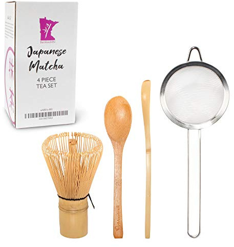 BambooMN Japanese Matcha Tea Set - Chasen + Strainer + Spoon + Scoop - 1 Set