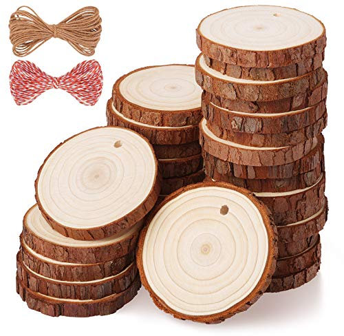 Fuyit Holzscheiben 30 Stücke Holz Log Scheiben 5-6cm mit Loch Unvollendete Holzkreise für DIY Handwerk Holz-Scheiben Hochzeit Mittelstücke Weihnach