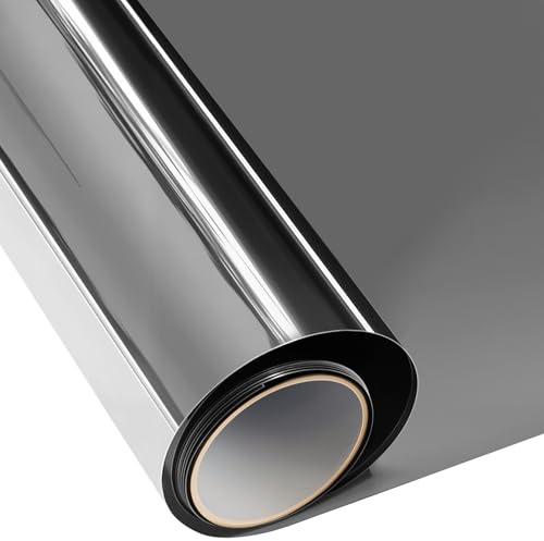 ConCus-T One Way Window Film Heat Control, Black Silver, 60 x 400cm | Sun Blocker Anti Glare Blackout Window Tint Film Mirror Effect Film UV Solar Film Static Cling Covering