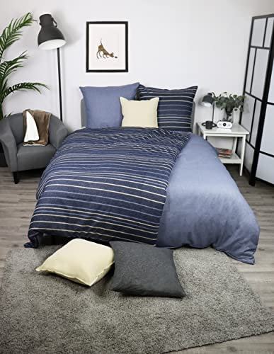 jilda-tex Biber Bettwäsche Made IN Germany Melange 135x200 cm + 80x80 cm 100% Baumwolle Feinbiberbettwäsche Edel-Flanell Verschiedene Größen/Farben (Colored Stripes - Dunkelblau, 200 x 200 cm)