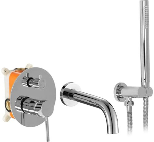 Rea ROBINET DE BAIGNOIRE ENCASTRÉ Lungo Chrom + Box Mitigeur Baignoire avec Douchette en Laiton pour Salle de Bain Chaude et Froide Réglable (Chrome)