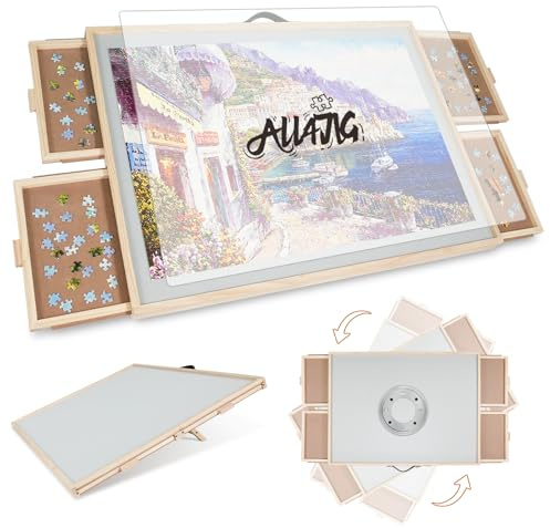 ALL4JIG 1500 Pieces 2-in-1 Tilting & Rotating Puzzle Board for Adults Gifts, Wooden Jigsaw Puzzle Table with 4 Drawers, Portable Board with Lazy Susan and Cover, 25.2 x 34.2