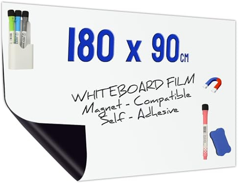 “Minadax Película de Pizarra 180 x 90 cm | Imán Adhesivo | Recortable + bolígrafos con Soporte + limpiaparabrisas