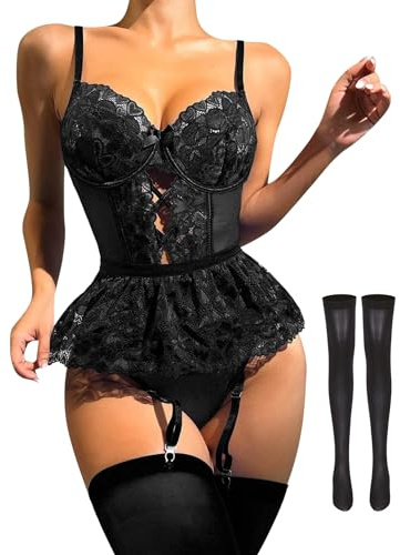 ROSVAJFY Women's Garter Teddy Lingerie Set With Stockings, Floral Lace Naughty Bodysuit Strappy One Piece Babydoll Nightwear, Sexy Deep V Cutout Jumpsuit Mesh Sleepwear (Black, L)