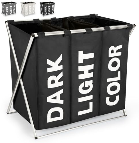 Virklyee Wäschesortierer 3 Fächern Oxford Wäschekorb Sortierer 100L Wäschesammler 600D Oxford-Stoff Faltbar Abnehmbar mit Griff Kleidung Organisieren Wäschekammer Balkon Schlafzimmer(Schwarz)