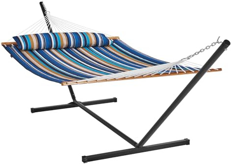 VEVOR Two Person Hammock with Stand Included Heavy Duty 480lb Capacity, Double Hammock with 12 FT Steel Stand and Portable Carrying Bag and Pillow, Freestanding Hammock for Outdoor Patio Yard Beach
