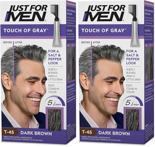 Just For Men Touch of Gray, Mens Hair Color Kit with Comb Applicator for Easy Application, Great for a Salt and Pepper Look - Dark Brown, T-45, Pack of 2