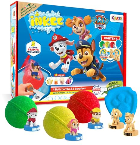 INKEE Geschenkbox PAW PATROL - Box mit 4 Kinder Badebomben mit Mandelöl, enthält 5 verschiedene Pawpatrol Figuren zum Sammeln - Badekugeln Kinder mit Überraschung