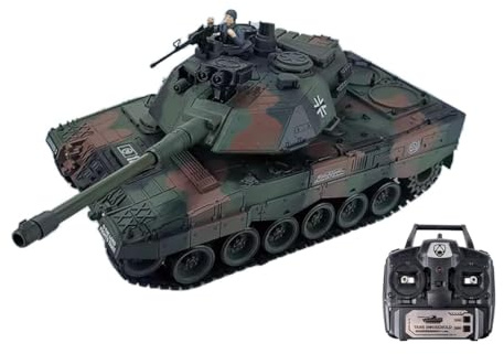 efaso Fjärrstyrd RC pansarvagn tysk leopard 1:18 – pansarvagn fjärrstyrd med skjutfunktion, roterande torn, ljud och ljus – tysk leopard – med extra batteri