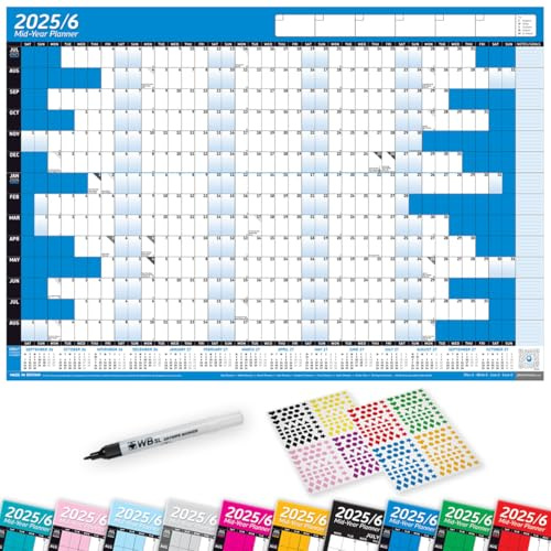 2025/26 Mid Year LAMINATED Academic Yearly Annual Office Home Wall Planner Calendar Chart With Pen And Stickers BLUE A2+ 43cm x 62cm (FOLDED)