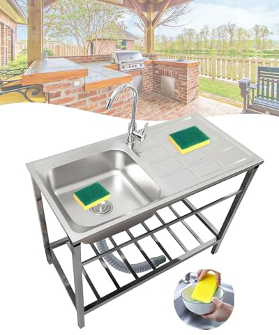 Évier de jardin extérieur en acier inoxydable avec robinet et étagères de rangement Éviers industriels pour restaurant, bar, garage (75 x 40 x H75 cm)