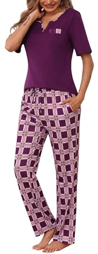 Bresdk Pyjamas, dam, kortärmad, pyjamasöverdelar, långa pyjamasbyxor, nattkläder, lila, XXL