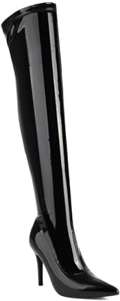 Feinlina Bottes Sexy en Cuir Verni Noir - Bottes Hautes Femme, Tige au-dessus du Genou, Talon Aiguille 10 cm, Pointu, EU 38