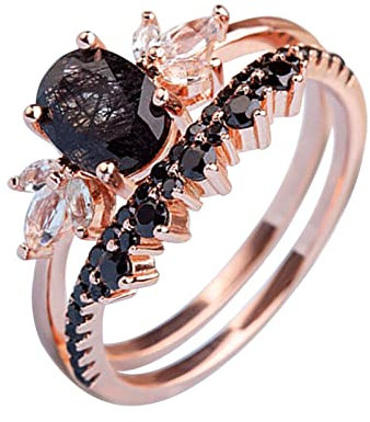 Generisch Bagues pour couronne Ensemble de bagues de fiançailles en quartz rutile noir, bague ovale en or rose, zircon noir, bague d'anniversaire de mariage incurvée taille 50, 9, Métal, Aucune pierre