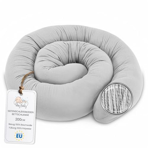 Totsy Baby Seitenschläferkissen Musselin Bettschlange Body Pillow 200 cm Baumwolle - Kopfkissen lang Bettrolle Schlafkissen Nackenrolle Oeko-Tex Grau Musselin