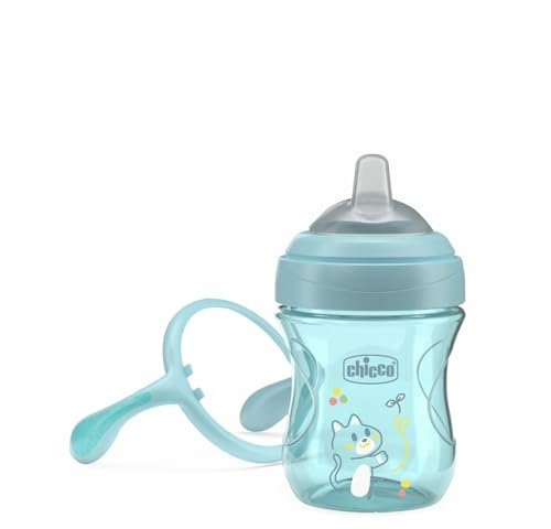Chicco Transition Cup Coupe anti-goutte pour bébé 200ml, 1 tasse à biberon 4 mois et plus pour apprendre à boire, avec bec ergonomique en silicone, double valve anti-antiolique, sans BPA - Azur