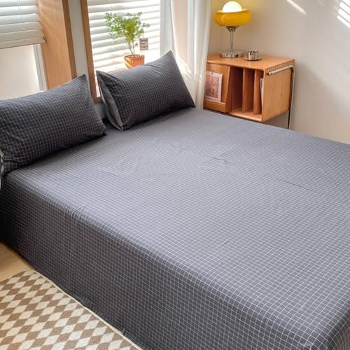 Mesnt Bettlaken ohne Gummizug, 245x270cm Gittermuster Betttuch mit 2 Kopfkissenbezügen aus Baumwolle Weich und Knitterfrei, Bequem, Dunkelgrau