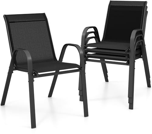 GIANTEX Set med 4 trädgårdsstolar, stapelbara, balkongstolar av textil och metall, stapelbara stolar, högryggstöd med armstöd, terrassstolar utomhus kan belastas upp till 150 kg (4, svart, 56 x 70 x