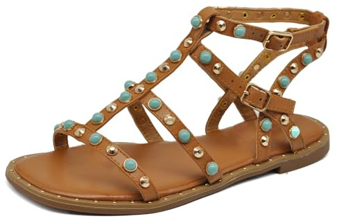 IF Fashion Scarpe Sandali Infradito Gladiatore Stivali Estivi da Donna Con Borchie e Pietre Colorate Pelle Sintetica PY8 Camel N.37