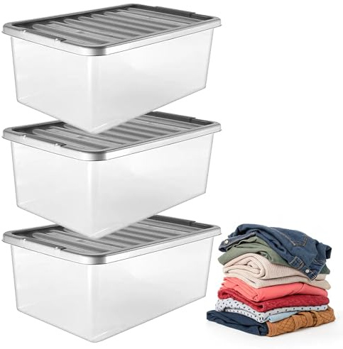 Pluto Packaging 3 Pack 32L Strong Stackable Durable Underbed Storage Boxes | Complete With Silver Lids