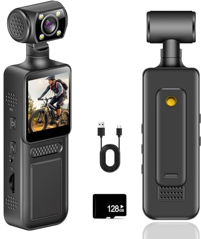 4K Bodycam, Mini Action Cam con TF da 64 GB, Video & Audio Mini Vlog Videocamera Tascabile, Rotazione 180° Telecamera, Videocamera Tascabile 4K per Sport, Bici, Viaggi, Strumento di Polizia, 128 GB