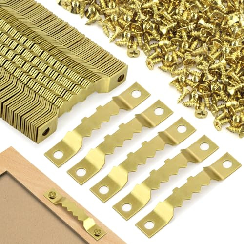 Lunhoo Sawtooth Picture Hangers with Matching Screws, Picture Frame Hooks, Picture Hanger Set for Picture, Poster, Canvas Hanging (100 Sets, Gold)