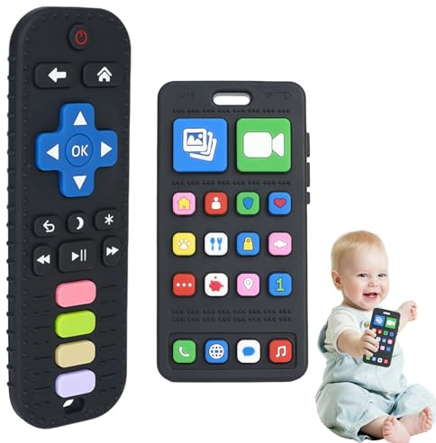 Aolso Beißring Baby, 2 styck silikon bebisbitande leksak, fjärrkontroll + mobiltelefon, silikon baby tuggleksak, BPA-fri, Lugnar barnens ömma tandkött, Beißspielzeug baby för pojke & flicka (svart)