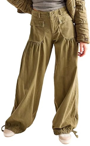 Jeans da donna a botte Y2K larghi a gamba larga cravatta jeans vita media tubo loto plissettato boyfriend jeans casual trendy, Verde militare, S