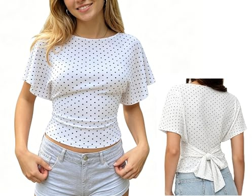Caziffer Women's Flutter Sleeve Cinched Tops Wrap Tie Back Waist Shirt Batwing Boat Neck Ruched Fitted Summer Going Out Top