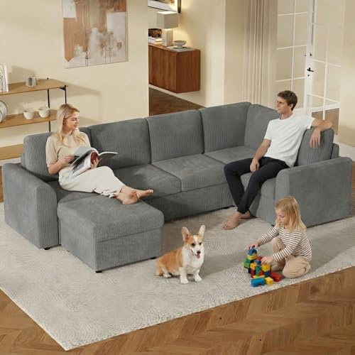 Kuczn Sofá modular de 5 a 6 plazas, sofá esquinero en forma de L con función de sueño, 1 taburete móvil multifuncional, espuma de alta densidad, para salón y dormitorio, color gris