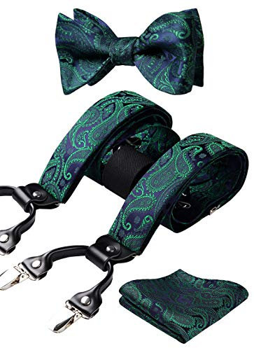 HISDERN Grün Hosenträger für Herren Paisley Y Form mit 6 starken Clips Längenverstellbar Herren Hosenträger und Fliege mit Einsteckuch…